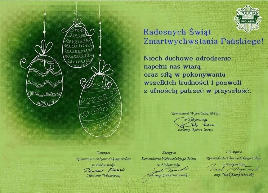Grafika przedstawiająca wielkanocne jajka i życzenia komendantów Radosnych Świąt Zmartwychwstania Pańskiego. 