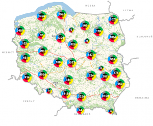 Mapa Polski z naniesionymi punktami na krajowej mapie zagrożeń bezpieczeństwa.