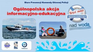 Plakat konkursu plastyczno-filmowy pn. „Artystyczny przeWODNIK” na którym widać  łódkę policyjną oraz dwójkę dzieci