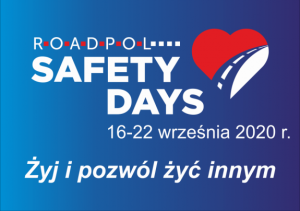 plakat dotyczący działań pod nazwą Road Safety Days; na niebieskim tle białe napisy z nazwą akcji