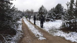 mężczyźni w mundurach na leśnej drodze na ziemi śnieg