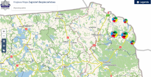 Fragment aplikacji mapy zagrożeń z punktami i nazwami miejscowości.