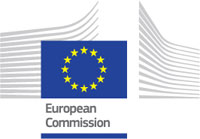 Logo z flagą unii europejskiej i napis w języku angielskim komisja europejska.