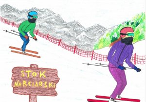 Widok na góry i stok narciarski8, po którym jedzie dwoje narciarzy.