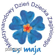 Niebieski kwiat w formie logo i napis 25 maja. Międzynarodowy dzień dziecka zaginionego.