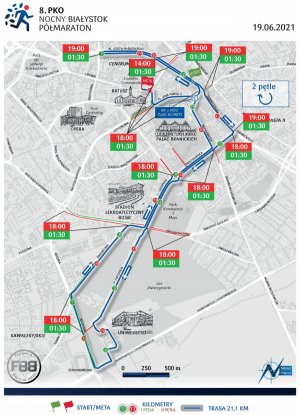 plan miasta z zaznaczona trasą biegu i godzinami utrudnień w ruchu