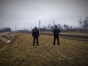 Policjanci ze strażnikami ochrony kolei kontrolują obszary kolejowe.