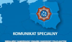 Grafika niebieska mapa Europy, Polski logo związków policyjnych i napis komunikat specjalny.