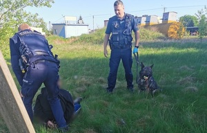Policjanci z zatrzymanym i psem.