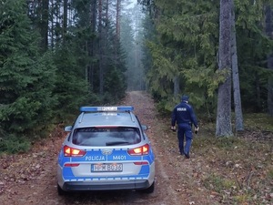 Policjant obok radiowozu w lesie.