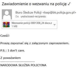 pogląd fałszywego maila zawiadomienie o wezwaniu na policję