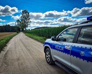 radiowóz stojący na polnej drodze