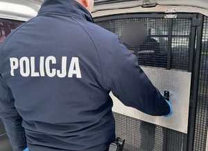 policjant zamykający tylne okratowane drzwi radiwozu